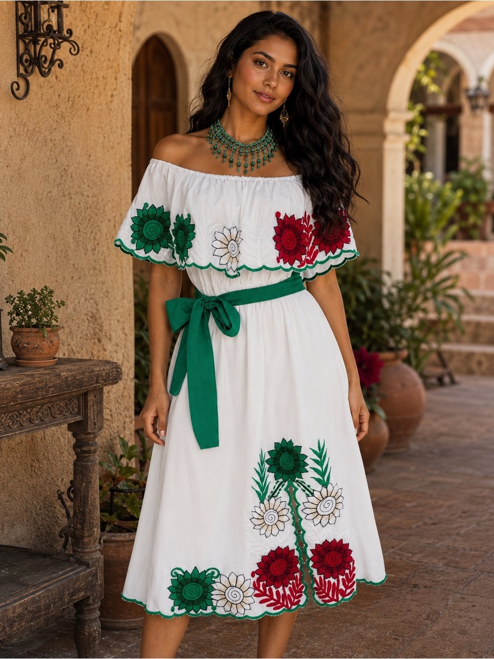 Mexican Off The Shoulders Floral  Embroidered Dress Tricolor Fiestas Patrias